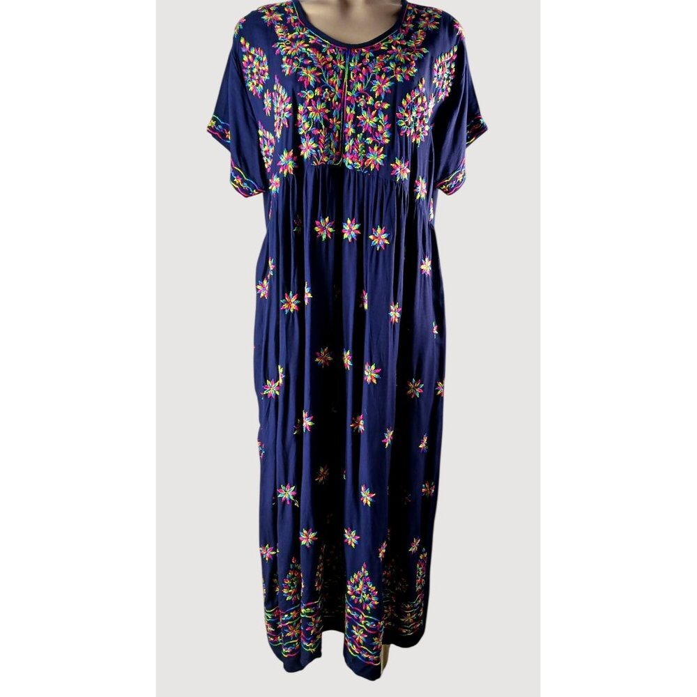 Ganesha Collection Navy Blue Embroidered Dress XXL 100% Viscose India Travel